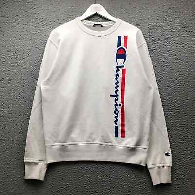 #ad Champion Authentic Sweatshirt Men#x27;s Medium M Crew Neck Graphic Embroidered White