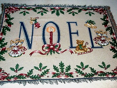 #ad Christmas Afghan Sofa Bed Throw Cotton Noel Mistletoe Angels 54 x 70quot; EUC CE