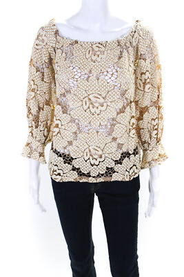 #ad Anne Fontaine Womens Off Shoulder Long Sleeve Floral Lace Top Blouse Beige FR 40