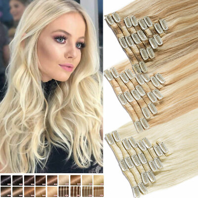 #ad CLEARANCE 100% Human Hair Seamless Clip in Remy Hair Extensions Full Head Blonde