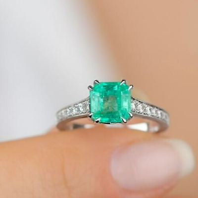 #ad White Gold Plated Asscher Cut Diamond Ring Milgrain Engagement Green Diamond CZ