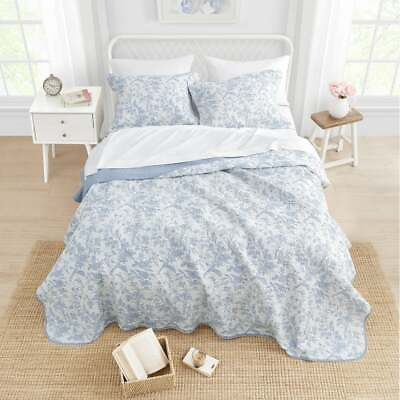 #ad NEW COZY CHIC FRENCH SHABBY COUNTRY LIGHT BLUE GREY WHITE LEAF SOFT QUILT SET