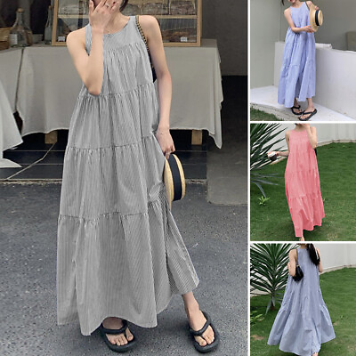 #ad Summer Women Sleeveless Kaftan Stripe Tiered Maxi Long Dress Loose Tank Sundress $15.99