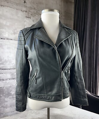 #ad Michael Michael Kors Motorcycle Leather Jacket Distress Black Zip Moto Womens M