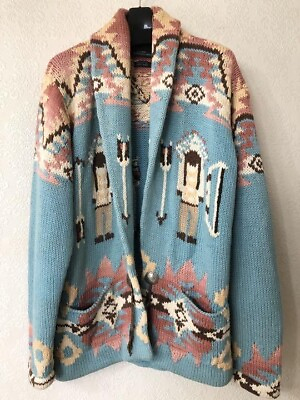 #ad RRL Double RL Ralph Lauren Cardigan Sweater Hand Knit Cotton Native Indian Blue