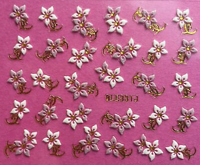 #ad Nail Art 3D Decal Stickers Flowers White amp; Pink Gold Accents BLE331J