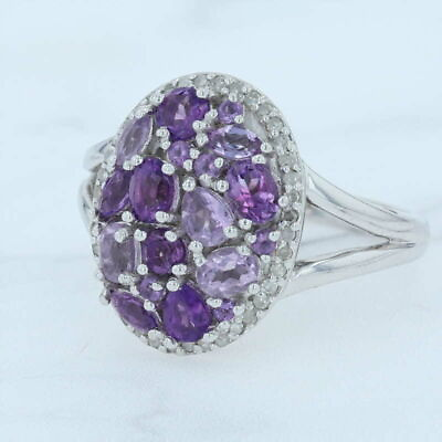 #ad New Amethyst Cluster Diamond Halo Ring Sterling Silver Purple Stone Cocktail S 7