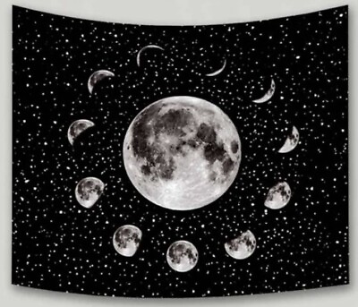 #ad NEW 60” x 40” Moon Phases Around Full Moon Black and White Tapestry Wall Decor