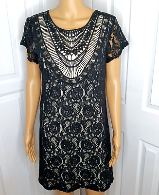 #ad XL Womens Rose Pattern Black Lace Overlay Lined Short Sleeve Classic Retro Dress