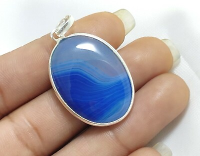 #ad Blue Banded Agate Gemstone Handmade Fashion Jewelry Silver Pendant P 598