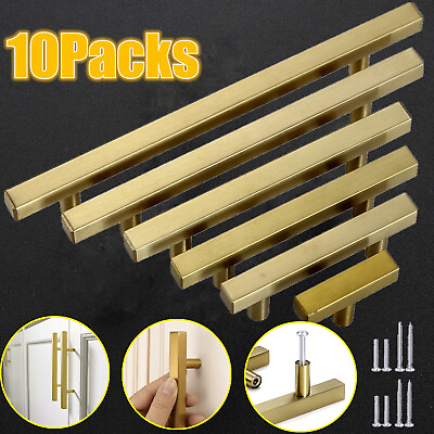 #ad 10Pack Gold Brushed Brass T Bar Cabinet Handles Square Kitchen Pull Drawer Knobs