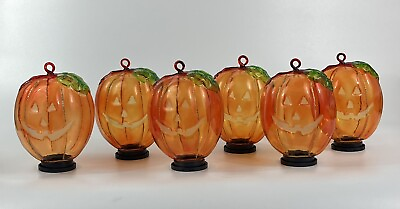 #ad Rare Pumpkin Jack O Lantern Glass Hanging LED Votive Light Lanterns Set Of 6