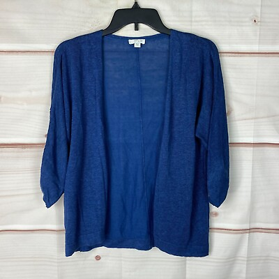 #ad J. Jill Sweater Womens S Blue Open Front Linen Blend Cardigan 3 4 Sleeve Solid