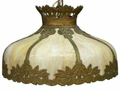 #ad Antique Lamp Hanging Slag Glass Chandelier Foliated Frame American