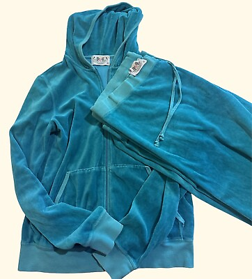 #ad Juicy Couture Y2K Velour Track Suit Teal Hoodie Jacket And Pants Set Size XL