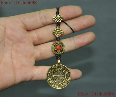 #ad 6quot; Tibet Buddhism Bronze Gilt Inlay gem eight treasures Exorcism amulet Pendant