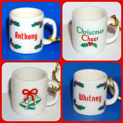 #ad Christmas Ornament Ganz Mini Mug Cup White Red Green Personalized Pick Name JB
