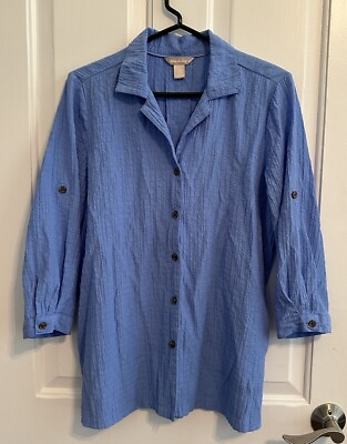 #ad White Stag Top Womens Size Medium M 8 10 Blue Blouse Roll Tab Sleeve Buttons