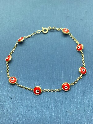 #ad 14K Solid Gold 5MM Evil Eye Charms with Rolo Chain Bracelet Colors Red