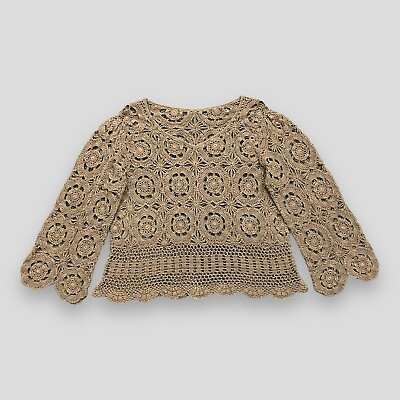 #ad Vtg Crochet Knit Top Long Sleeve Brown Boho Hippie Flower Pullover OS