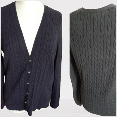 #ad Lands#x27; End M medium 10 12 BLACK Cable Cardigan V Neck Sweater