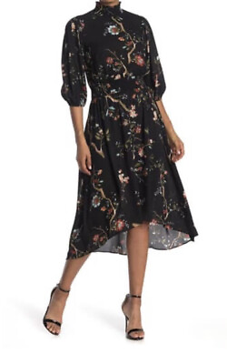 #ad Nannette Lepore Floral Ring High Low Midi Balloon Sleeve Dress Sz 10