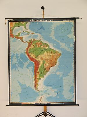 #ad South America Physisch Caribbean To Chile 1967 Schulwandkarte Wall Map