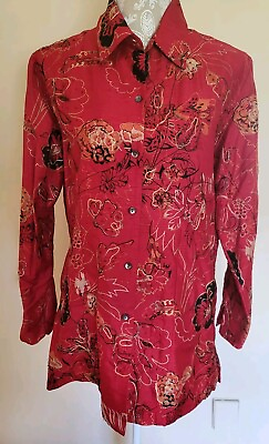 #ad Chico#x27;s Design Blouse Tunic Red Sz 1 100% Silk Embroidered Rayon Beaded Floral