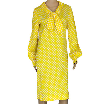 #ad 60s Vintage Mod Dress Yellow Nylon with White Daisy Flowers Balloon Sleeve M