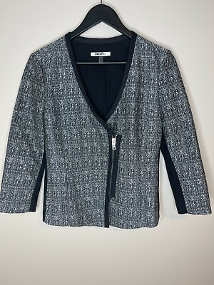 #ad DKNY Tweed Blazer Jacket Size 6 Black White Zipper Detail a1