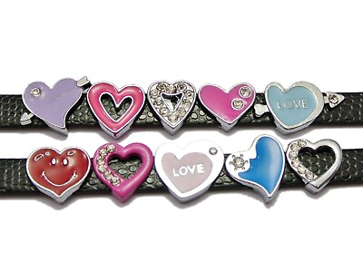 #ad 10 Assorted Alloy Enamel Rhinestone Heart Slide Charm Beads Fit 8mm Wristband