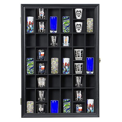 #ad Shot Glass Display Case Wooden Cabinet Rack Holder Wall Mounted Black Shadow ...