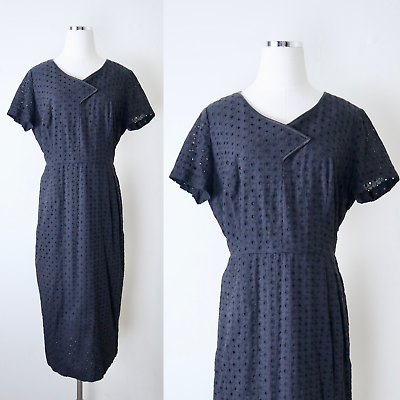#ad Vintage 1950s Size XL Eyelet Cotton Day Dress Midi Tea Length Short Sleeve Black