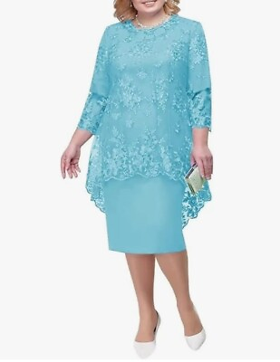 #ad Plus Size Lace Mother Dress W Sleeves Tea Length Wedding Guest 18W Turquoise