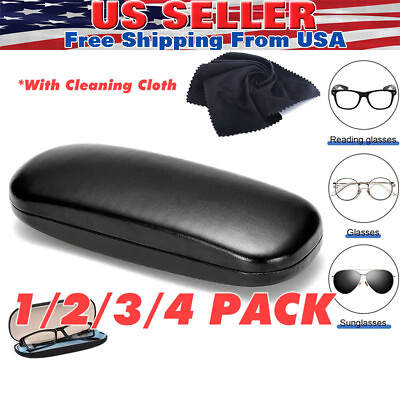 #ad NEW Clam Shell Hard Eyeglasses PU Glasses Case BlackMicrofiber Cleaning Cloth $8.68