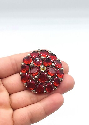 #ad Vtg Unmarked Deep Red Glass Rhinestone Flower Round Brooch Pin