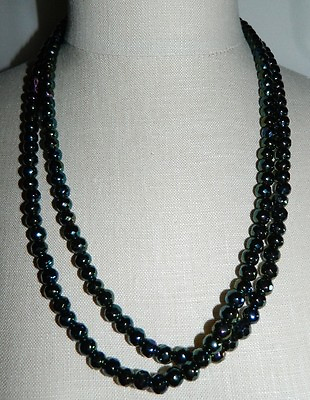 #ad VTG Art Deco Flapper Style Black Aurora Borealis Glass Faceted Beaded Necklace