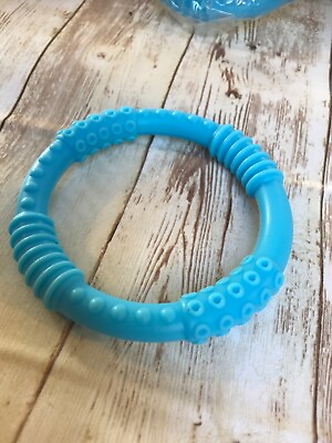 #ad BABY TEETHER Blue Pacifier Ring 3.5” Teething Toy Safe Silicone Chew Toys Dummy
