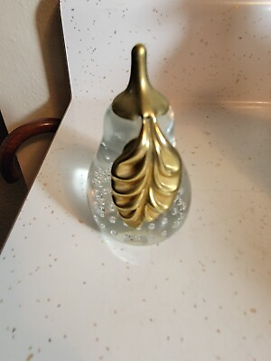 #ad MURANO BLOWN GLASS PEAR CLEAR WITH GOLD PAPERWEIGHT BUBBLES ITALY