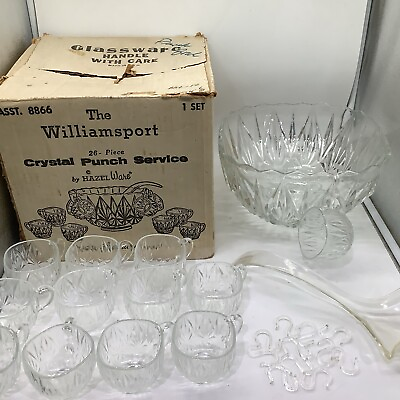 #ad 26 Pc Hazel Ware Williamsport Pressed Glass Punch Bowl Cups Hooks Ladle amp; Box