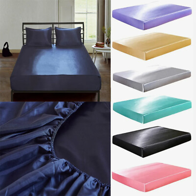 #ad Satin Silk Sheets Bed Deep Pocket Twin Full Queen King Bed Mattress Cover Soft