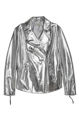 #ad Women#x27;s Metallic Silver Leather Jacket Genuine Leather Moto Biker Jacket Coat