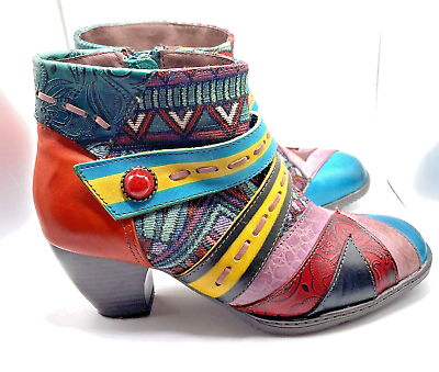 #ad Socofy Bohemian Colorful Blue Leather Ankle Bootie Boots Shoes EU 37 US 7 $29.95