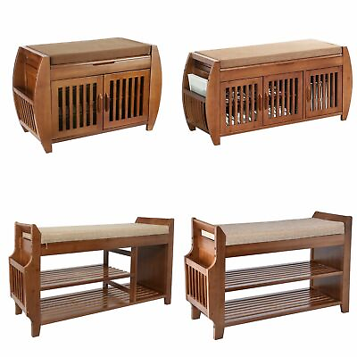 #ad 2 Tier Bamboo Shoe Bench Storage Rack Organizer with Removable Cushion Entryway