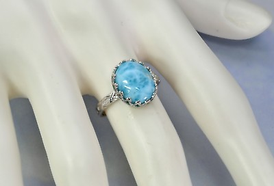 #ad Natural Larimar 10X12mm Oval Crown Ring .925 Sterling Silver Size 7
