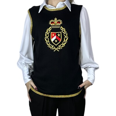 #ad Vintage Anne Klein II Embroidered Crest Sweater Vest 80#x27;s Luxury Academia Large