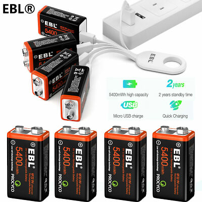#ad EBL 9V Volt USB Rechargeable Lithium Batteries 5400mWh Micro Charging Cable Lot