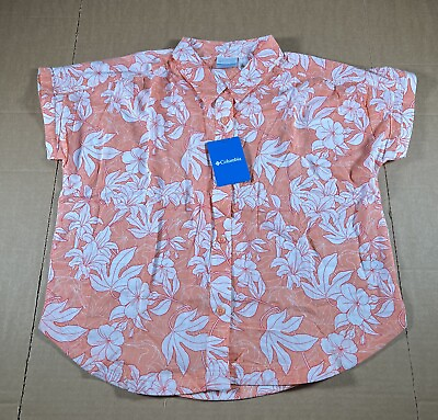 #ad Columbia Women#x27;s Camp Henry IV SS Shirt Coral Reef Lakeshore Floral Size Large
