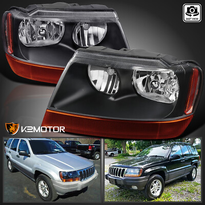 #ad Black Fits 1999 2004 Jeep Grand Cherokee Headlights Replacement Lamps LeftRight