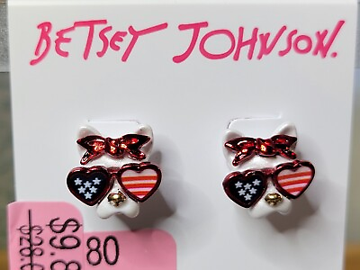 #ad Betsey Johnson New With Tags Patriotic Frenchie Dog Wearing Sunglasses Earrings